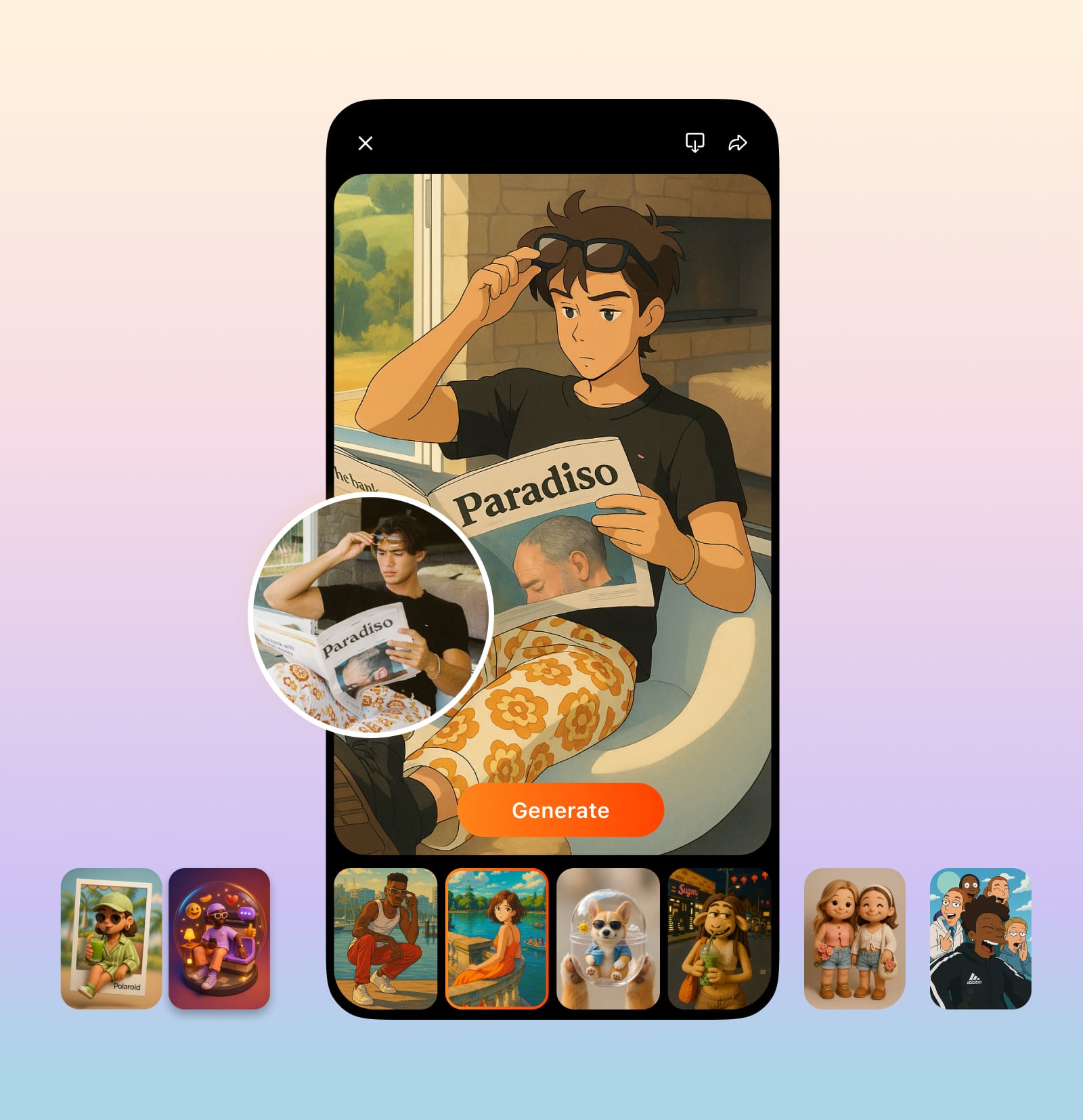FARBA iOS app interface showing AI photo transformation features and styles - mobile app screenshot